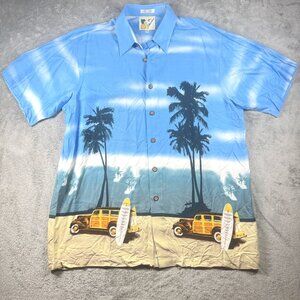 Ron Chereskin Hawaiian Rayon Shirt XL Blue Palm Trees Surf Cars Retro Beach